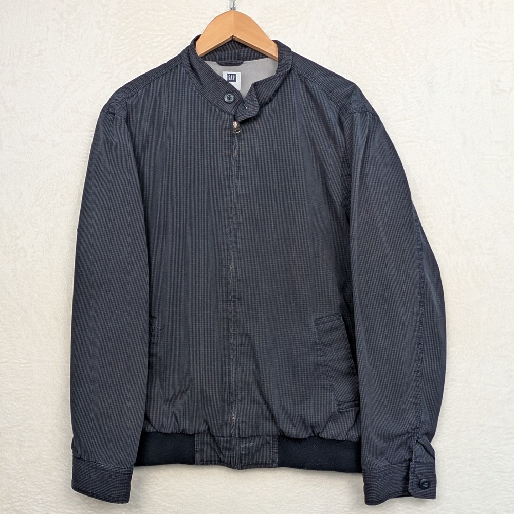 VTG Gap Jacket Men's L Navy Blue Micro Check Full Zip Bomber Work Streetwear Y2K